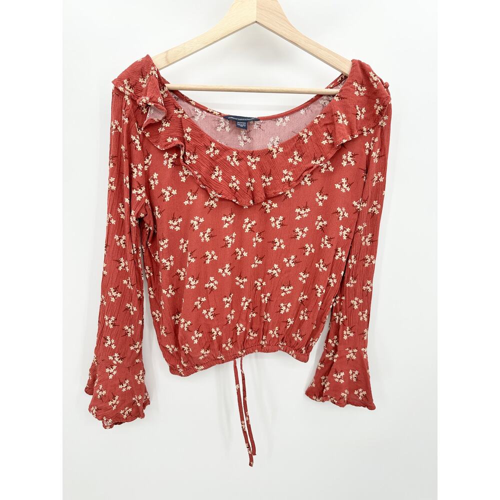 American Eagle Rust Red Floral Ruffle Bell Sleeve Blouse Womens XS BP10